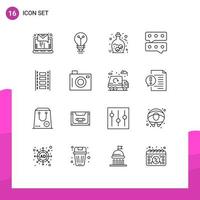 Pack of 16 creative Outlines of film reel animation eye message bubble Editable Vector Design Elements