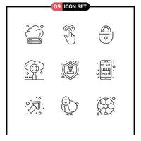 Mobile Interface Outline Set of 9 Pictograms of search media tap engine security Editable Vector Design Elements