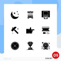 Group of 9 Modern Solid Glyphs Set for animation thumbs up atm like hammer Editable Vector Design Elements