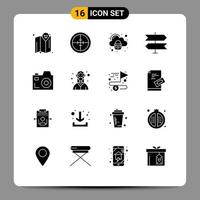 Set of 16 Vector Solid Glyphs on Grid for media camera security pointer direction Editable Vector Design Elements