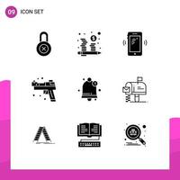 Solid Glyph Pack of 9 Universal Symbols of notification weapons smart phone pistol firearm Editable Vector Design Elements