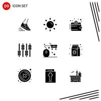 Solid Glyph Pack of 9 Universal Symbols of basket audio shine sound money Editable Vector Design Elements