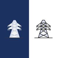 transmisión de energía eléctrica torre de transmisión iconos planos y llenos de línea conjunto de iconos vector fondo azul