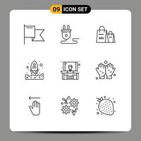 9 Universal Outlines Set for Web and Mobile Applications presentation up bag start launching Editable Vector Design Elements