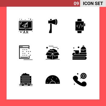 Modern Set of 9 Solid Glyphs and symbols such as record network building app time clock Editable Vector Design Elements