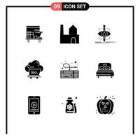 Pack of 9 Modern Solid Glyphs Signs and Symbols for Web Print Media such as trolley cart ecology cloud science Editable Vector Design Elements