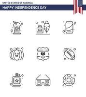 Set of 9 Vector Lines on 4th July USA Independence Day such as usa american beer festival food Editable USA Day Vector Design Elements