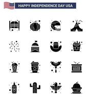 Pack of 16 USA Independence Day Celebration Solid Glyphs Signs and 4th July Symbols such as american tent american tent free state Editable USA Day Vector Design Elements