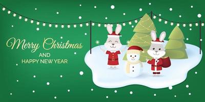 Merry Christmas and New Year 2023. Congratulations card with rabbits, Christmas tree and snowman. vector