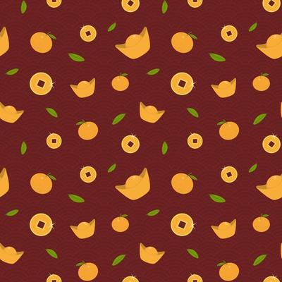 New Year Chinese pattern with tangerines, money and gold. Bright holiday seamless pattern for cards, posters, wrapping paper, fabric. Vector.