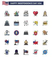 USA Independence Day Flat Filled Line Set of 25 USA Pictograms of building flag envelope american heart Editable USA Day Vector Design Elements