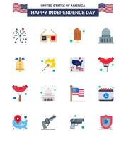 Group of 16 Flats Set for Independence day of United States of America such as american ball ice cream usa city Editable USA Day Vector Design Elements