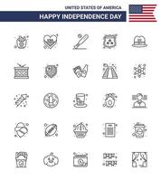 Group of 25 Lines Set for Independence day of United States of America such as hat shield ball security usa Editable USA Day Vector Design Elements