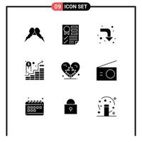 Modern Set of 9 Solid Glyphs Pictograph of heart successful report investment right Editable Vector Design Elements