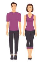 Couple in sportswear. Young man and woman standing in full growth in sports clothes for exercises in gym, running, fitness. Vector illustration, isolated.