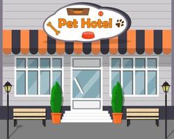 lindo edificio de dibujos animados de hotel de mascotas para perros y gatos. ilustración plana vectorial. vector