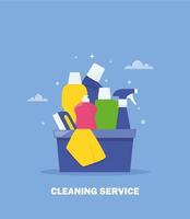 Cleaning service and household supplies. Design concept for web banner, infographic, poster. Detergent and disinfectant products. Vector illustration.