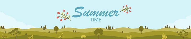 banner horizontal de horario de verano. hermoso paisaje de campos con verdes colinas, árboles, arbustos. paisaje rural. plantilla de banner web de fondo de campo. ilustración vectorial vector