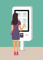 Woman using self-service payment and information electronic terminal with touch screen. Vector illustration in flat style.