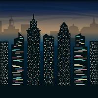 The skyscrapers of the big city at night. Night city landscape. Vector flat illustration.