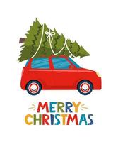 lindo coche retro rojo con árbol de Navidad en el techo. letras de feliz navidad para tarjetas de felicitación, postales, afiches, pancartas, diseño de invitaciones. ilustración vectorial vector