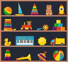 coloridos juguetes para niños en estantes de madera. cubos, perinola, pato, sonajero de pelota, camión, pirámide, pipa, oso, pelota, cohete, pandereta, bote, acordeón, tren, tambor. vector de estilo plano.