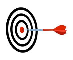 Darts hit to center of dartboard. Arrow on bullseye in target. Business success, investment goal, opportunity challenge, aim strategy, achievement focus concept. Vector illustration.