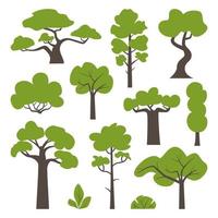 Big set of various green trees and bushes. Tree icons set in a modern flat style. Vector illustration.