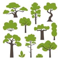 Big set of various green trees and bushes. Tree icons set in a modern flat style. Vector illustration.