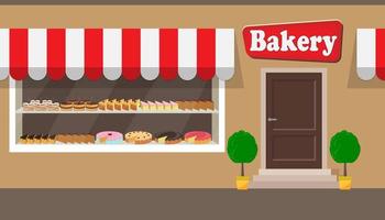 fachada de edificio de panadería con letrero. diferentes pasteles y tartas en los estantes detrás del cristal de la ventana. Ilustración de vector de fachada de panadería en estilo plano.