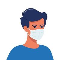 Man with protective medical mask on face for prevent virus. Human in surgical mask. Covid prevention. Vector illustration in flat style.