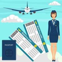 Travel concept with stewardess woman in blue uniform, flight tickets, passport, airplane in the sky on background. Vector illustration.