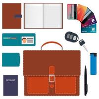 Men s briefcase and its contents. Men s bag and a common set of objects carry with them. Diary, wallet, bank cards, car keys, passport, lighter, pen. Vector illustration.