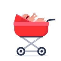 Little baby girl crying hesterically. Crying infant is lying in a stroller. Little kid being unhappy. Flat vector Illustration.