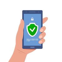 Hand hold the smartphone with Green Shield on screen. Web Access Security concept. Privacy, secure, safe sign. Smartphone data protection design. Vector illustration.