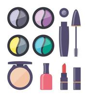 cosméticos decorativos, gran conjunto de iconos. todo para maquillar. sombra de ojos, rímel, esmalte de uñas, polvo, base, cepillo, lápiz labial. ilustración vectorial vector