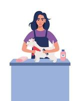 Women hairdresser grooming a dog in pet groom saloon. Woman with hair dryer and comb in her hands dries the dog's fur. Pet grooming salon. Vector illustration.