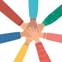 Multicultural people putting hands together. Teamwork, friendship, unity, help, equality, support, partnership, community, social movement, friendship concept. Strong together. Vector illustration.