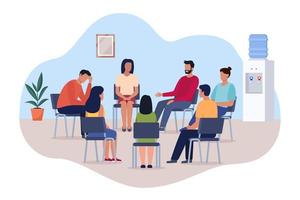 Group psychotherapy. Persons sitting in circle and talking. People meeting. Psychotherapy training, business lecture or conference. Man woman support group. Vector illustration.