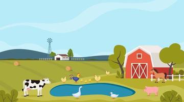 Rural farm landscape with green fields and pond. Village buildings, farm animals. Cow, horse, pig, chicken, duck. Vector illustration.