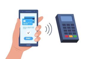Processing of NFC payment. Contactless payment by smartphone, near-field communication protocol, and e-payment. Vector flat illustration.