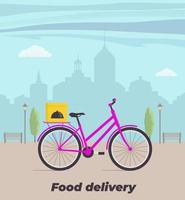 Food delivery service concept illustration. Bicycle with food box on the trunk. Big city on background. Vector flat illustration.