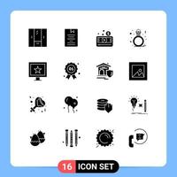 Mobile Interface Solid Glyph Set of 16 Pictograms of ring diamond knowledge video media player Editable Vector Design Elements