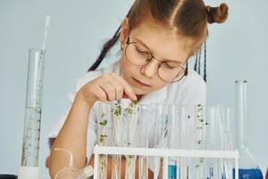 Workes with liquid that is in test tubes. Little girl in coat playing a scientist in lab by using equipment photo