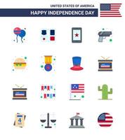 USA Happy Independence DayPictogram Set of 16 Simple Flats of fast food weapon mobile army gun Editable USA Day Vector Design Elements