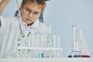 Works with test tubes. Little girl in coat playing a scientist in lab by using equipment photo