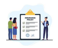 Insurance agent presenting service making deal with client family couple. Insurance policy on clipboard. Contract policy agreement. Vector illustration.