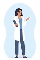 Doctor in medical uniform pointing and showing something with hand. Medicine worker woman explaining and presenting something. Vector flat illustration.