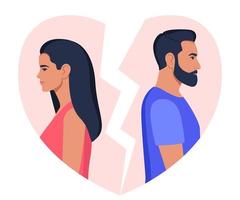 Man and woman stand with their backs to each other, broken heart on background. Concept of divorce, misunderstanding, disagreement, relationship troubles. Man and woman in a quarrel, conflict. Vector. vector