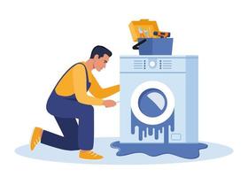 Master with set of professional tools repairs a washing machine. Washing machines repair service. Man character in uniform and washing machine with a breakdown. Vector illustration.